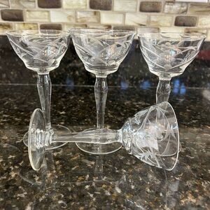 Vintage Elegant Clear Glass Etched Wine Glass Set of 4